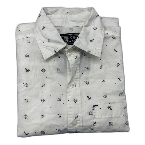 Broken Threads Men's Button Down Shirt Short Sleeve White blue Print Size S - Picture 2 of 7